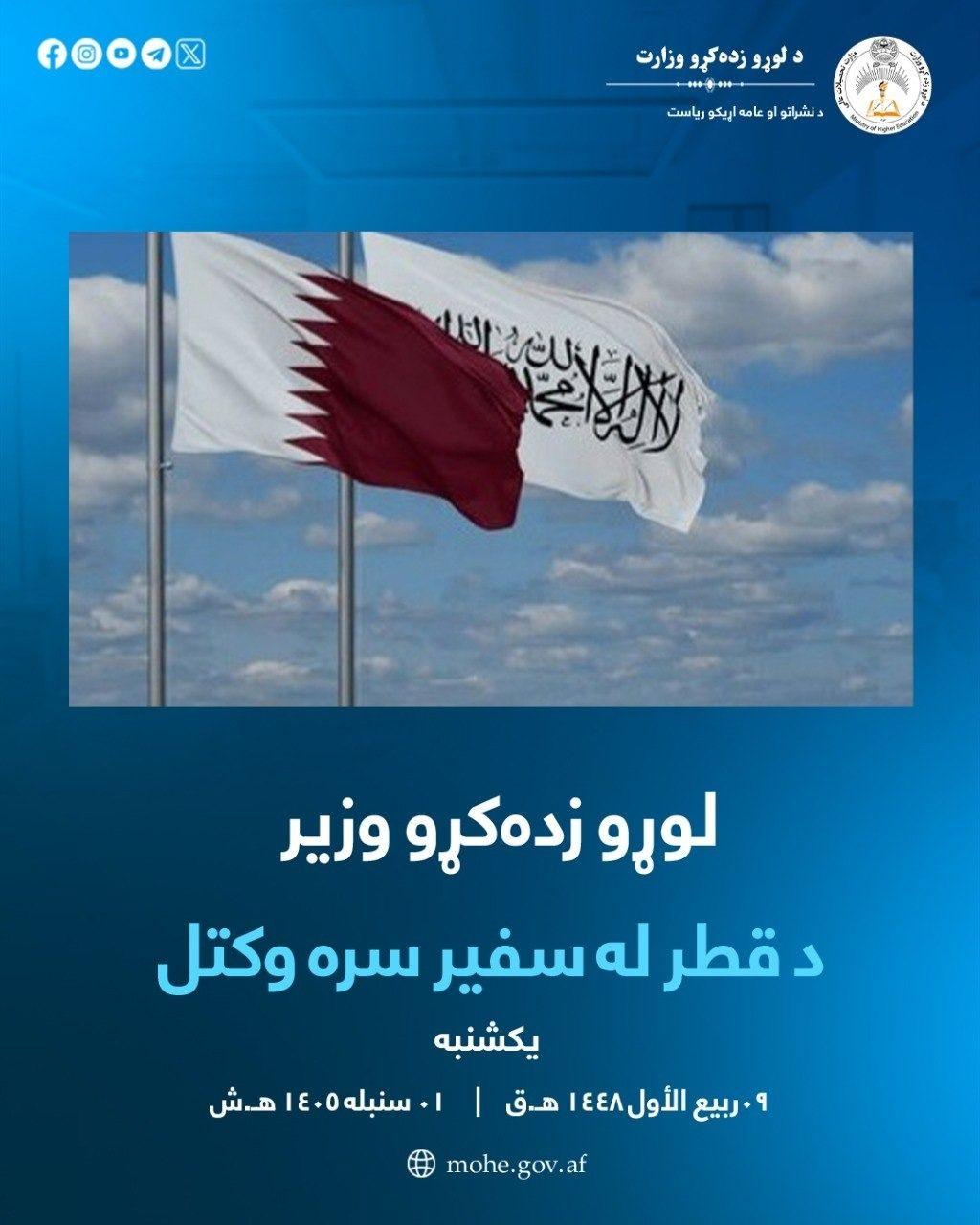 د لوړو زده کړو وزیر شیخ الحدیث مولوي نداء محمد ندیم په خپل کاري دفتر کې په کابل کې د قطر له سفیر سره وکتل